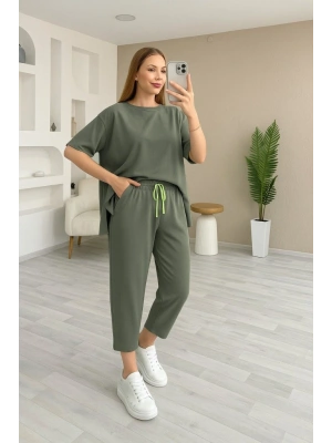 Kadın Kısa Kollu Bisiklet Yaka Viskon Iki Iplik Bluz Ve Pantolon Ikili Takım