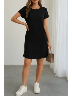Kadın Kısa Kollu Bisiklet Yaka Viskon Iki Iplik Elbise