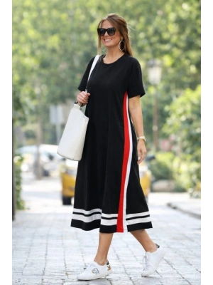 Kadın Kısa Kollu Bisiklet Yaka Yan şerit Detaylı Midi Viskon Elbise