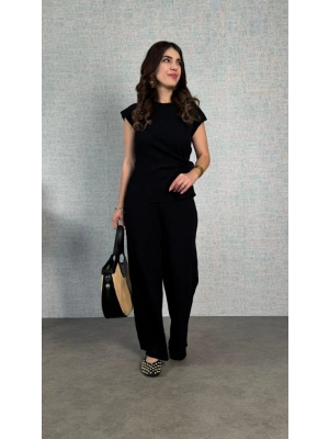 Kadın Kısa Kollu Bisiklet Yaka Yandan Bağlamalı Bürümcük Bluz Ve Pantolon Ikili Takım