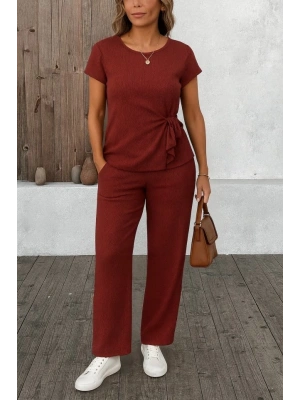 Kadın Kısa Kollu Bisiklet Yaka Yandan Bağlamalı Bürümcük Bluz Ve Pantolon Ikili Takım