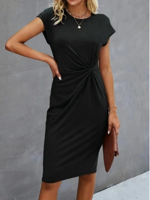 Kadın Kısa Kollu Bisiklet Yaka Yandan Büzgülü Midi Viskon Elbise