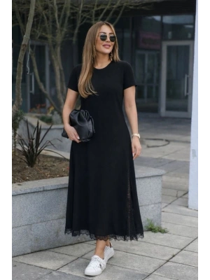 Kadın Kısa Kollu Bisiklet Yaka Yandan Yırtmaçlı Dantel Detaylı Uzun Viskon Elbise