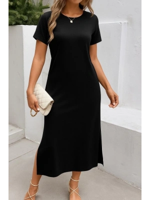 Kadın Kısa Kollu Bisiklet Yaka Yandan Yırtmaçlı Viskon Elbise