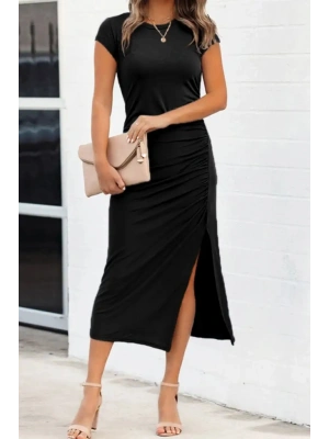 Kadın Kısa Kollu Bisiklet Yaka Yanlardan Büzgülü Yırtmaçlı Pegasus Kumaş Elbise