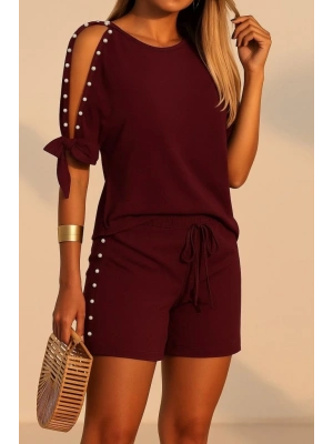 Kadın Kısa Kollu Bisiklet Yaka Yarı Açık Omuz Inci Detaylı Short Tshirt Viskon Ikili Takım