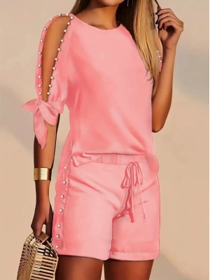 Kadın Kısa Kollu Bisiklet Yaka Yarı Açık Omuz Inci Detaylı Short Tshirt Viskon Ikili Takım