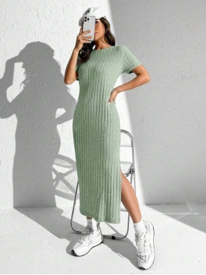 Kadın Kısa Kollu Bisiklet Yaka Yırtmaç Detay Fitilli Kaşkorse Tam Boy Elbise