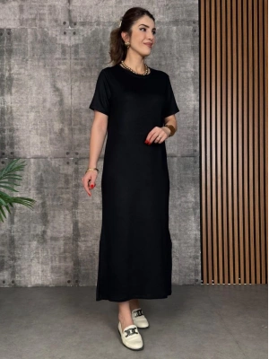 Kadın Kısa Kollu Bisiklet Yaka Yırtmaçlı Viskon Iki Iplik Elbise