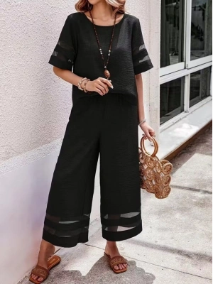 Kadın Kısa Kollu Bisiklet Yakalı Tül şerit Detaylı Bluz Ve Pantolon Ikili Takım