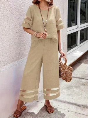 Kadın Kısa Kollu Bisiklet Yakalı Tül şerit Detaylı Bluz Ve Pantolon Ikili Takım