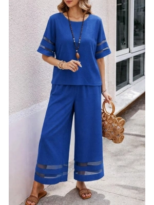 Kadın Kısa Kollu Bisiklet Yakalı Tül şerit Detaylı Bluz Ve Pantolon Ikili Takım