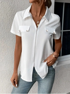 Kadın Kısa Kollu Ceket Yaka önü Fermuarlı Cep Detay Kısa Kol Ithal Krep Bluz