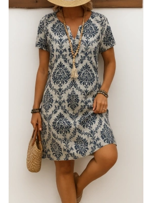 Kadın Kısa Kollu çentik Yaka çiçek Desenli Keten Elbise