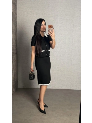 Kadın Kısa Kollu Cep Ve Düğme Detay Ceket Ve Diz üstü Etek Ikili Takım