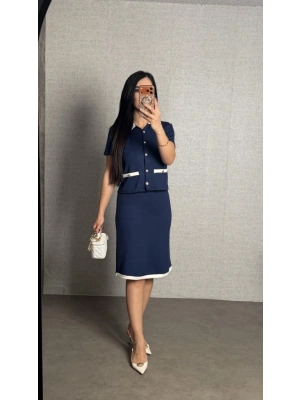 Kadın Kısa Kollu Cep Ve Düğme Detay Ceket Ve Diz üstü Etek Ikili Takım