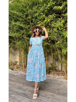 Kadın Kısa Kollu çiçek Baskı Midi Boy Süprem Elbise