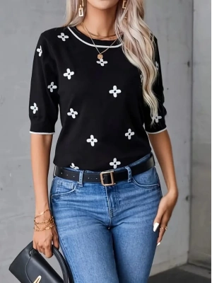 Kadın Kısa Kollu çiçek Desen Bluz