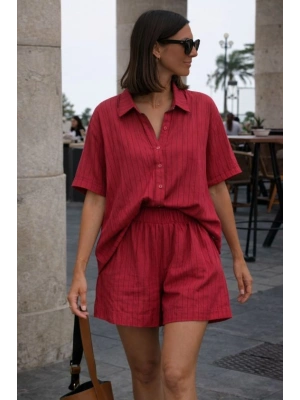 Kadın Kısa Kollu çizgili Modal Kumaş Gömlek Ve Yüksek Bel Lastik Detay şort Ikili Takım