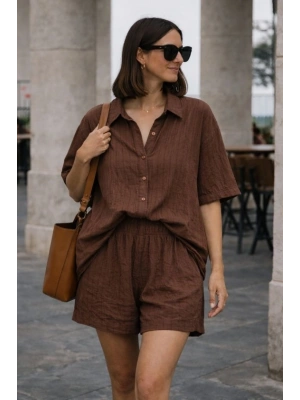 Kadın Kısa Kollu çizgili Modal Kumaş Gömlek Ve Yüksek Bel Lastik Detay şort Ikili Takım