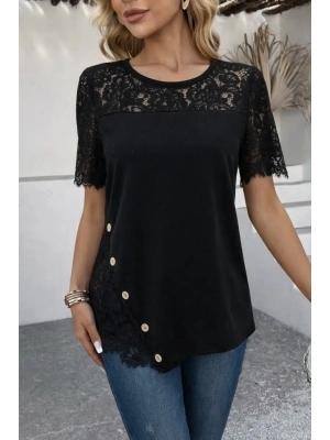 Kadın Kısa Kollu Dantel Detaylı Yandan Düğmeli Waffle Bluz