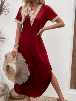 Kadın Kısa Kollu Dantel V Yakalı Uzun Viskon Elbise