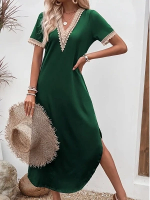 Kadın Kısa Kollu Dantel V Yakalı Uzun Viskon Elbise