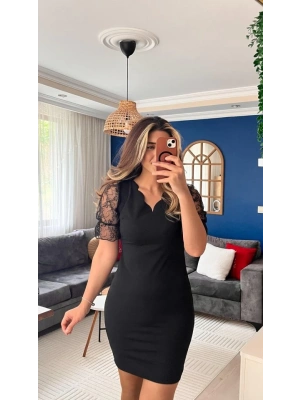 Kadın Kısa Kollu Dantelli V Yakalı Yanlardan Büzgülü çapraz Detaylı Ithal Krep Elbise