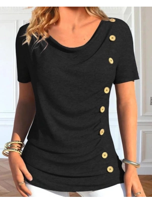 Kadın Kısa Kollu Degaje Yaka Düğme Detay Viskon Bluz