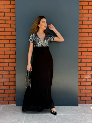 Kadın Kısa Kollu Derin V Yakalı A Kesim Pulpayet Detaylı şifon Nedime Elbisesi