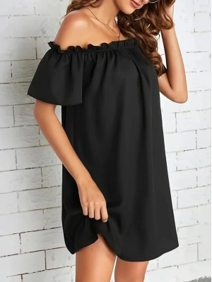 Kadın Kısa Kollu Fırfır Detay Madonna Yaka Mini Ithal Krep Elbise