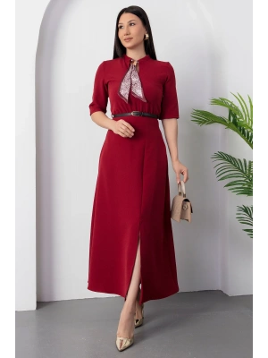 Kadın Kısa Kollu Fular Ve Kemer Detay önden Yırtmaçlı axi Boy Elbise