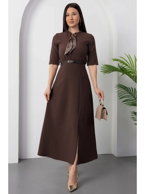 Kadın Kısa Kollu Fular Ve Kemer Detay önden Yırtmaçlı axi Boy Elbise