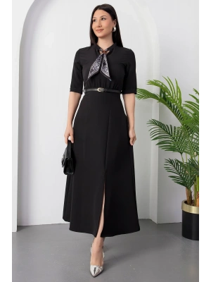 Kadın Kısa Kollu Fular Ve Kemer Detay önden Yırtmaçlı axi Boy Elbise