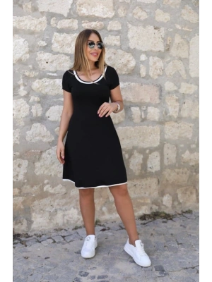 Kadın Kısa Kollu Geniş Yuvarlak Yaka Viskon Elbise