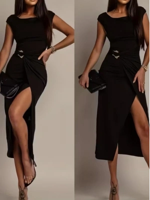 Kadın Kısa Kollu Geometrik Yakalı önden Açık Modal Mini Elbise