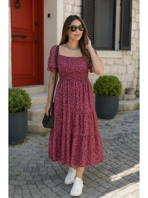 Kadın Kısa Kollu Gipe Detaylı Desenli Midi Süprem Elbise