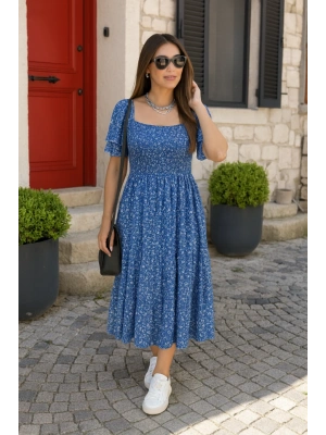 Kadın Kısa Kollu Gipe Detaylı Desenli Midi Süprem Elbise