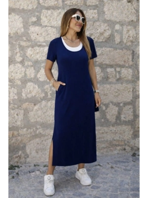 Kadın Kısa Kollu Içi Atlet Görünümlü Yandan Yırtmaçlı Uzun Viskon Elbise