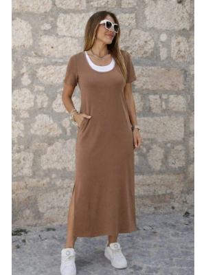 Kadın Kısa Kollu Içi Atlet Görünümlü Yandan Yırtmaçlı Uzun Viskon Elbise