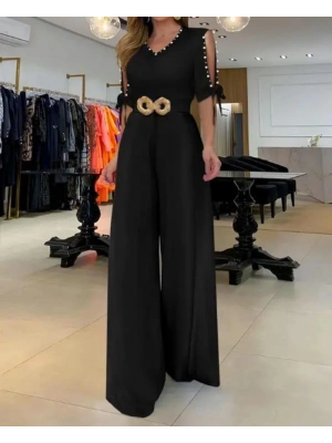 Kadın Kısa Kollu Inci Detay Kemer Dahil Tulum