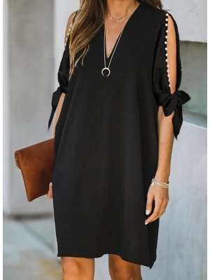 Kadın Kısa Kollu Inci şerit Detay Kol Pencereli Sandy Kumaş Elbise