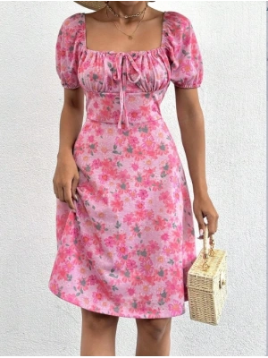 Kadın Kısa Kollu ini çiçek Baskılı Bağcık Detay üprem idi Boy Elbise