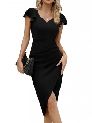 Kadın Kısa Kollu Kalp Yaka Yanlardan Büzgü Detay Midi Janjan Krep Elbise