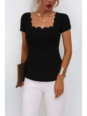 Kadın Kısa Kollu Kare Lazer Yakalı Janjan Krep Bluz