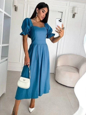 Kadın Kısa Kollu Kare Yaka idi Boy Trikoton Kumaş Elbise