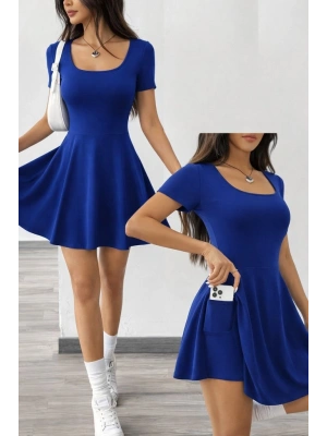 Kadın Kısa Kollu Kare Yakalı Cep Detaylı Dalgıç Elbise Tulum