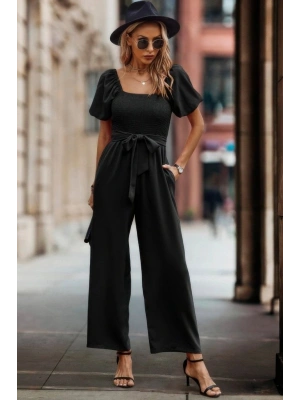 Kadın Kısa Kollu Kare Yakalı Göğsü Gipeli Belden Kuşaklı Uzun Janjan Tulum