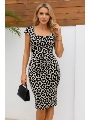 Kadın Kısa Kollu Kare Yakalı Leopar Desenli Dalgıç Elbise