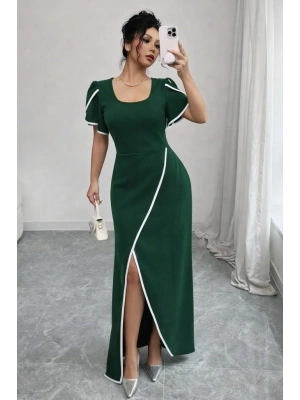 Kadın Kısa Kollu Kare Yakalı önden çapraz Kesim Detaylı Krep Elbise